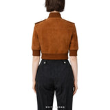 Women's Brown Suede Cropped Short-Sleeve Bomber – view 2