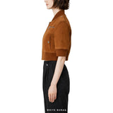 Women's Brown Suede Cropped Short-Sleeve Bomber – view 3