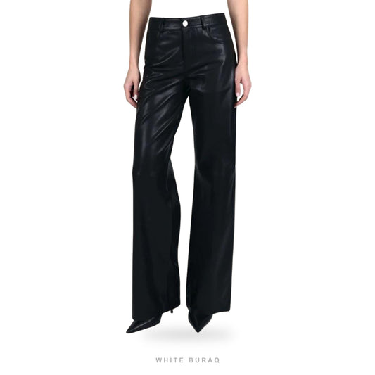 Women's Black Leather High-Waist Straight-Leg Trousers