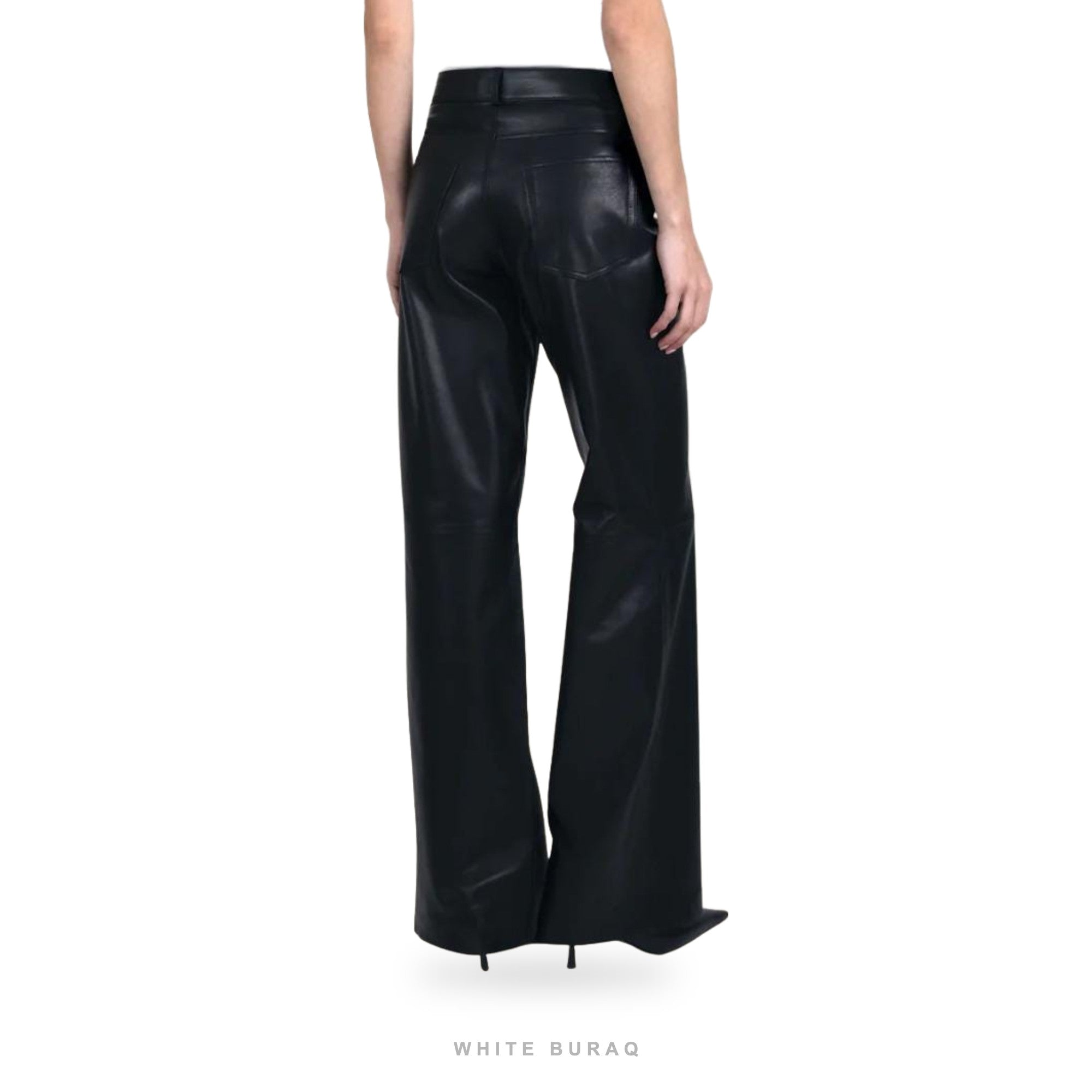 Women's Black Leather High-Waist Straight-Leg Trousers – view 3