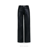 Women's Black Leather High-Waist Straight-Leg Trousers – view 4