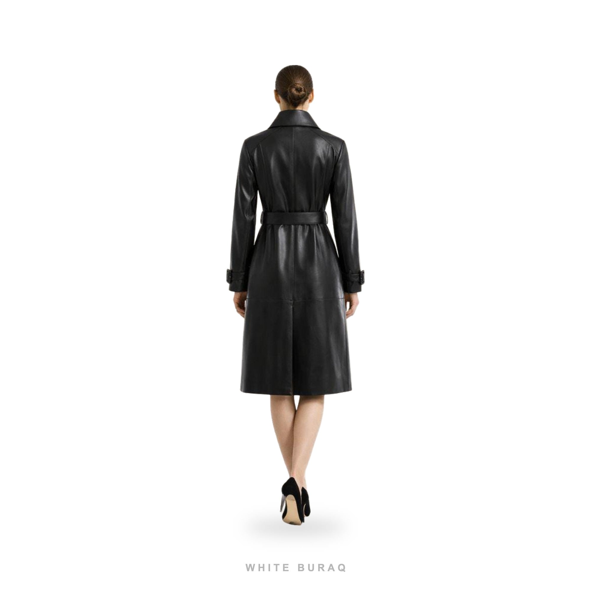 Women's Black Leather Belted Long Trench Coat – view 2
