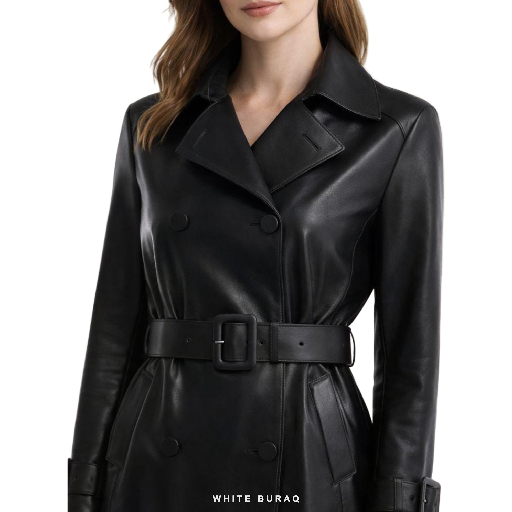 Women's Black Leather Belted Long Trench Coat – view 3