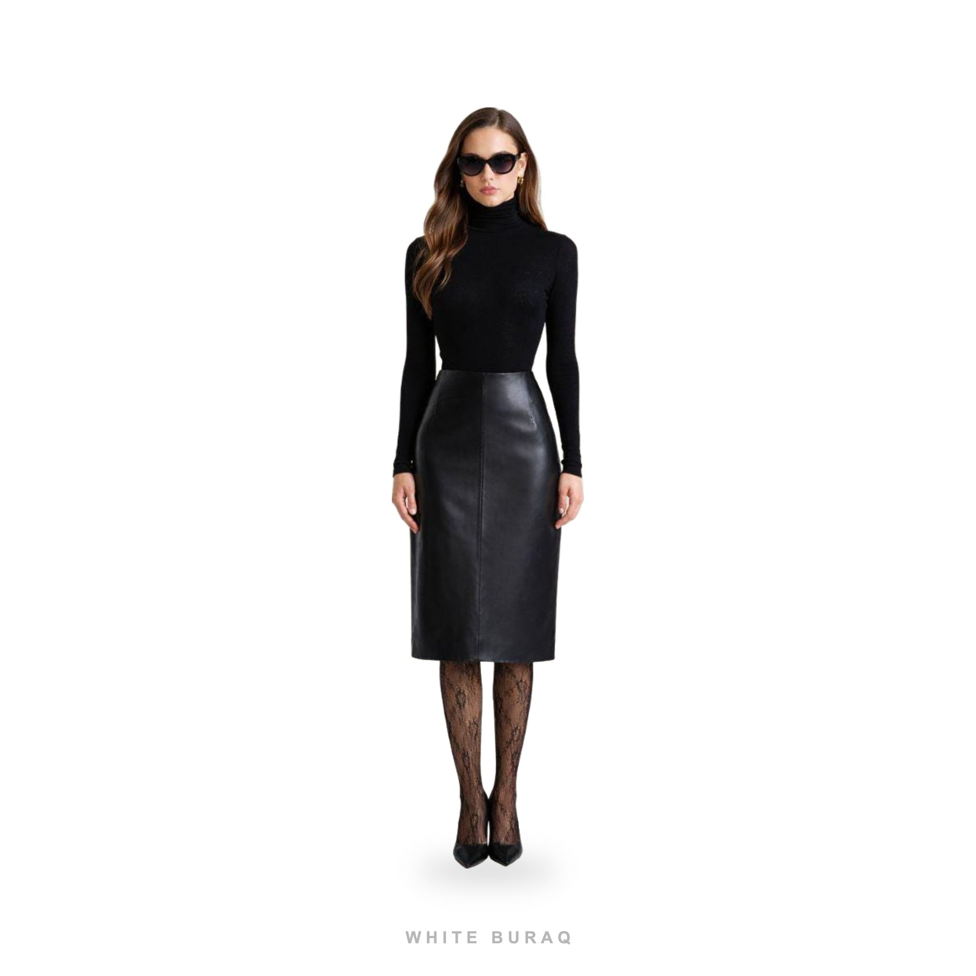 Women's Black Leather High-Waist Midi Pencil Skirt