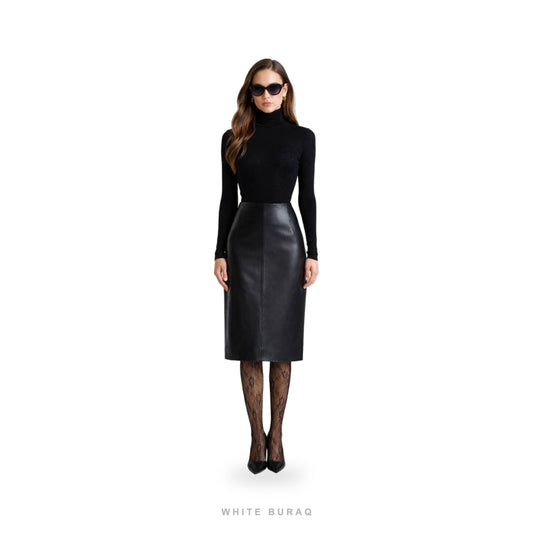 Women's Black Leather High-Waist Midi Pencil Skirt
