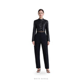 Women's Black Leather Cropped Slim Button Jacket