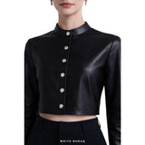 Women's Black Leather Cropped Slim Button Jacket – view 3