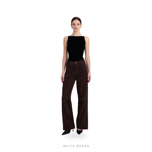 Women's Brown Suede High-Waist Straight-Leg Pants