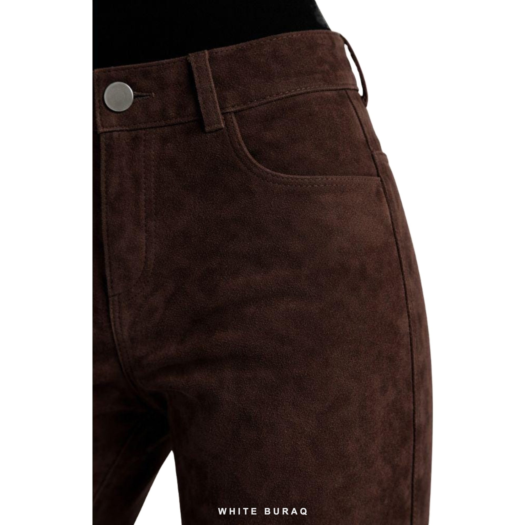Women's Brown Suede High-Waist Straight-Leg Pants – view 4