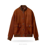 Women's Brown Suede Oversized Button Bomber Jacket