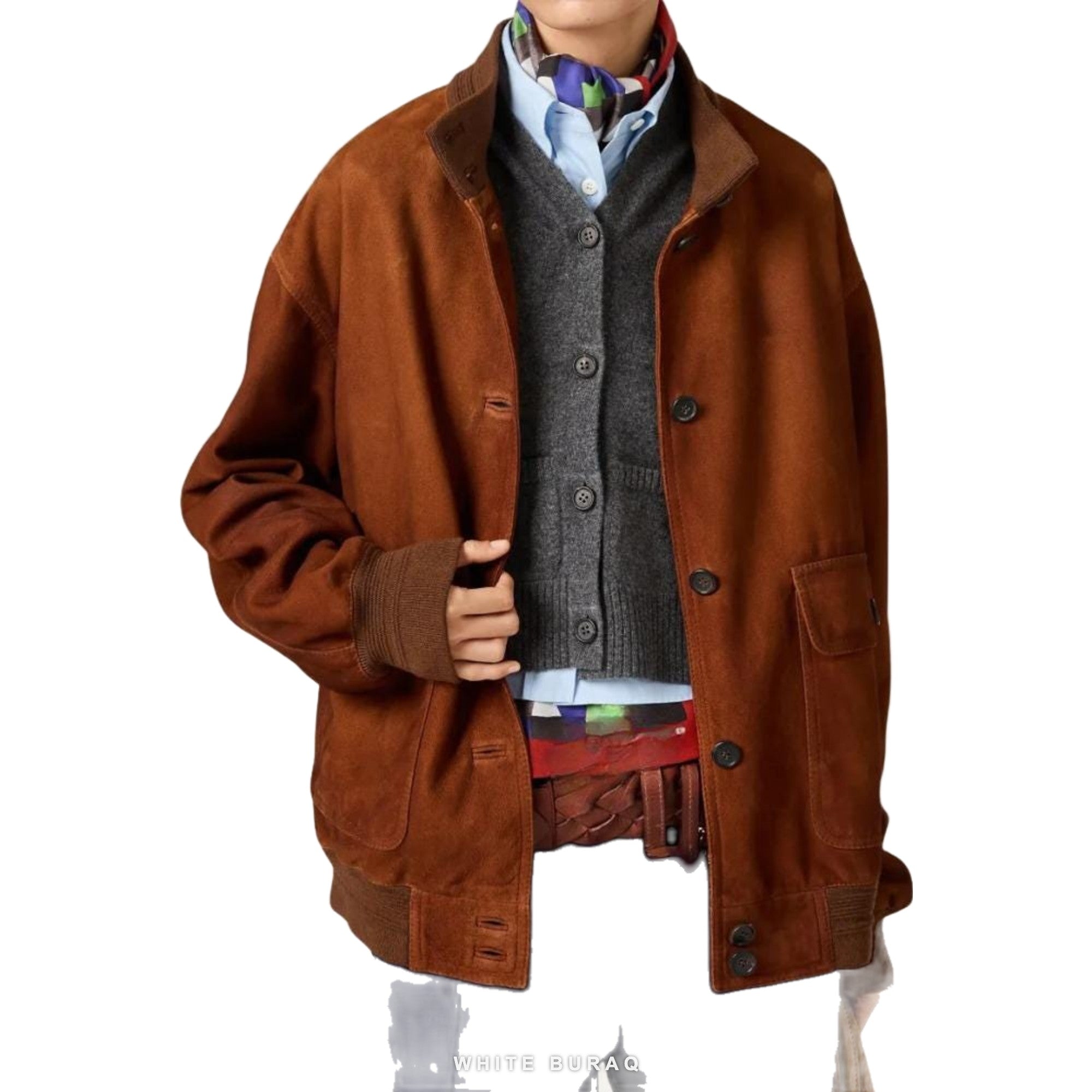 Women's Brown Suede Oversized Button Bomber Jacket – view 2
