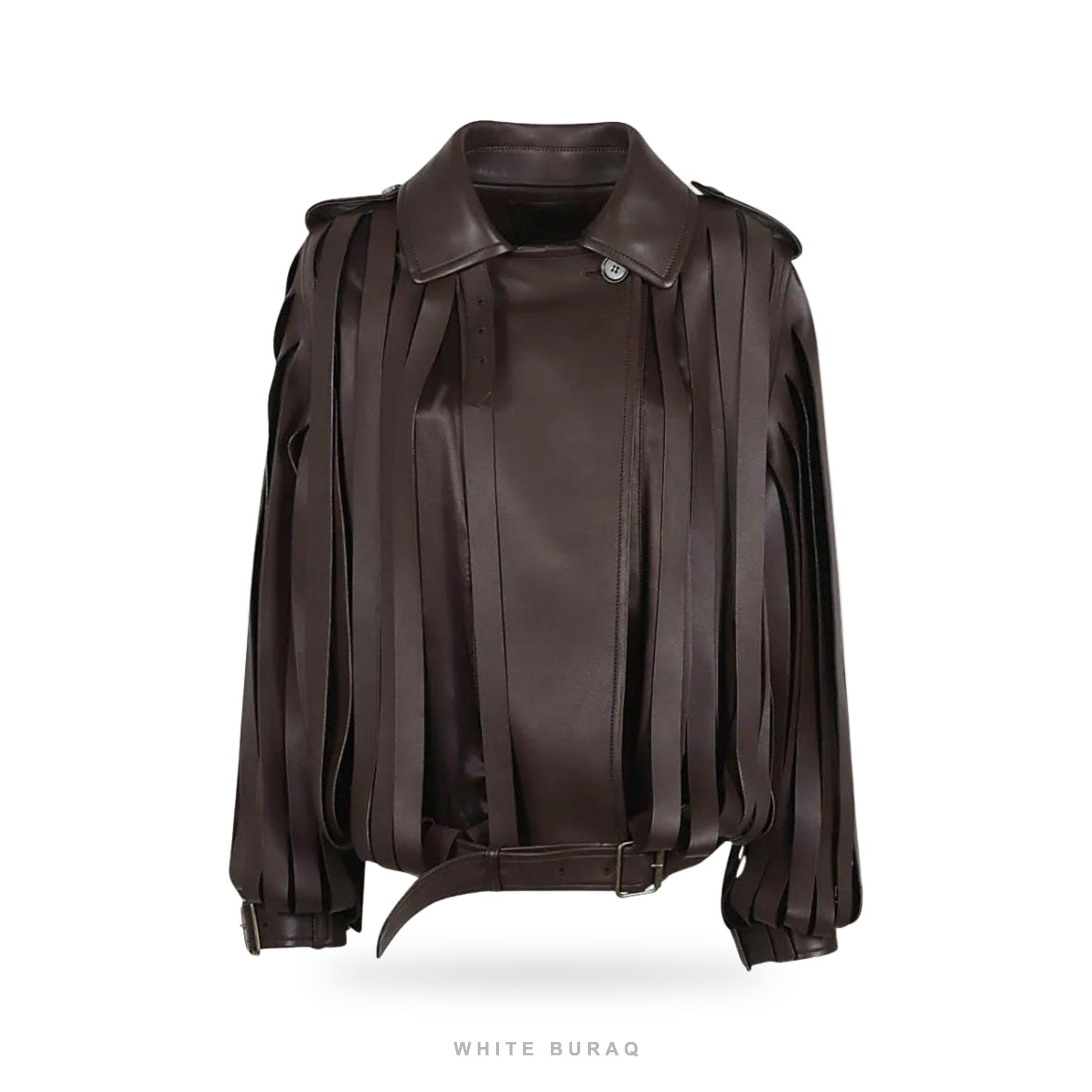 Women's Brown Leather Belted Fringe Jacket