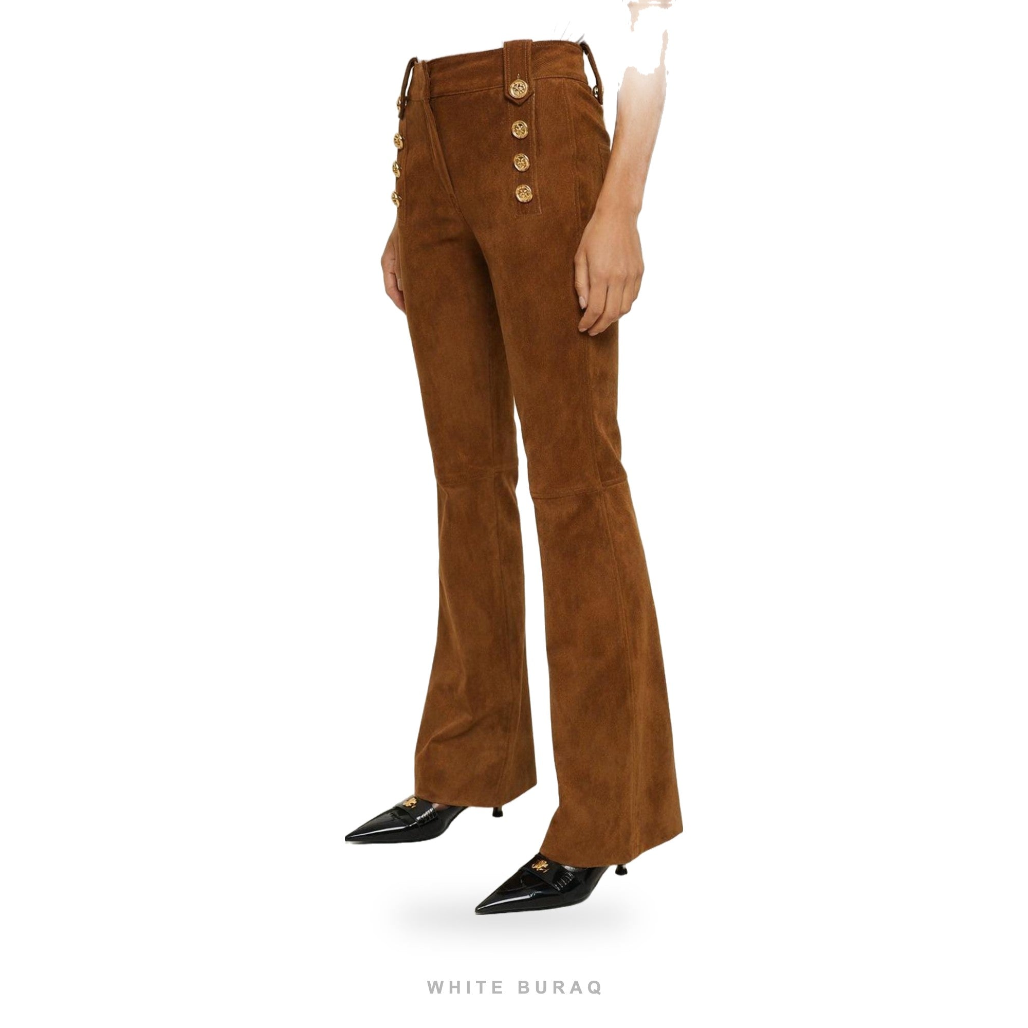 Women's Rust Brown Suede Flared Pants with Gold Buttons – view 3
