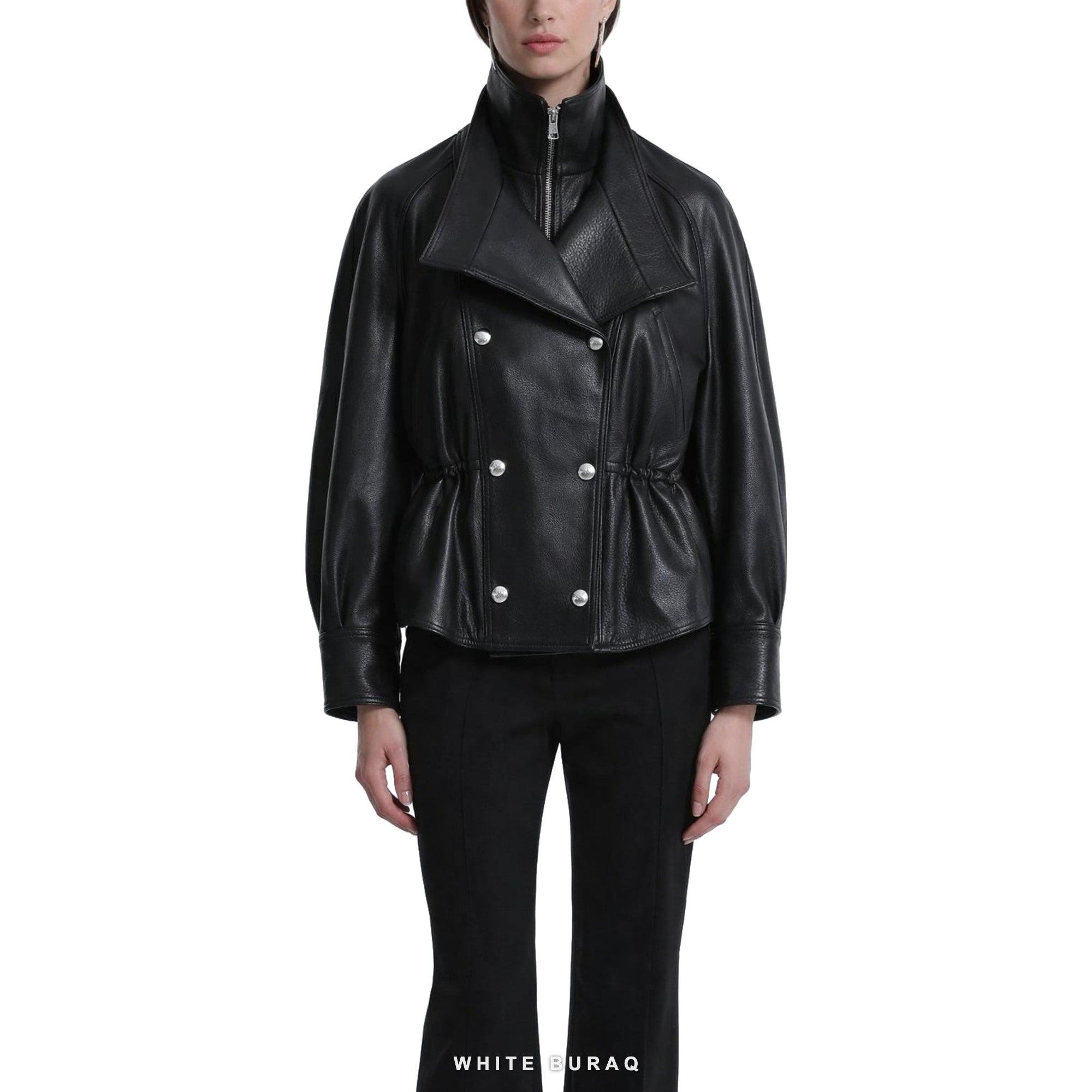 Women's Black Leather Cropped Double-Breasted Jacket