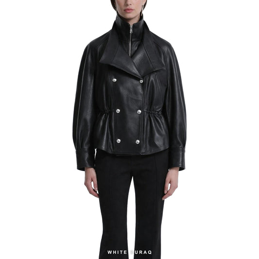 Women's Black Leather Cropped Double-Breasted Jacket
