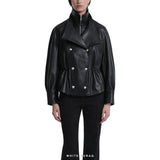 Women's Black Leather Cropped Double-Breasted Jacket