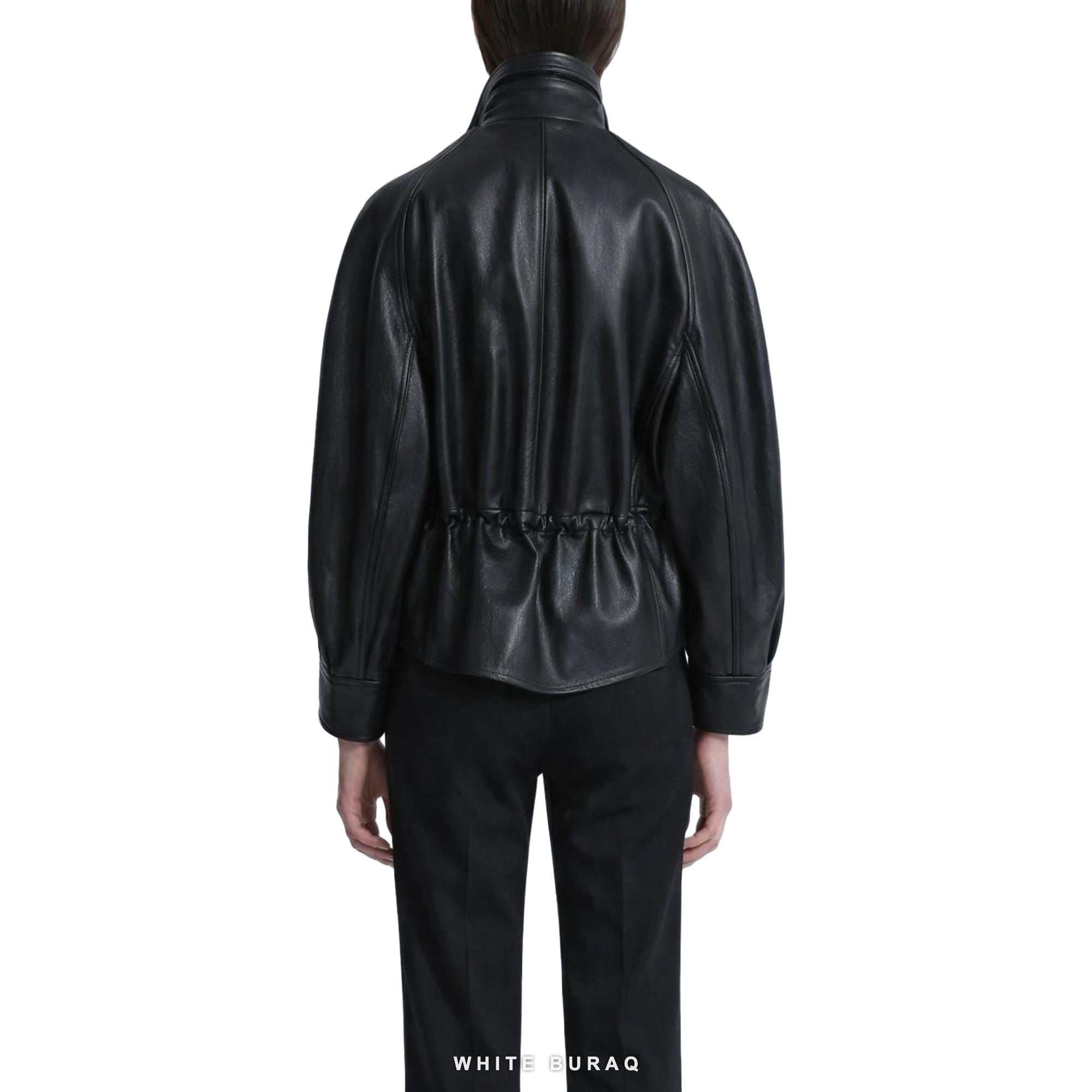 Women's Black Leather Cropped Double-Breasted Jacket – view 3