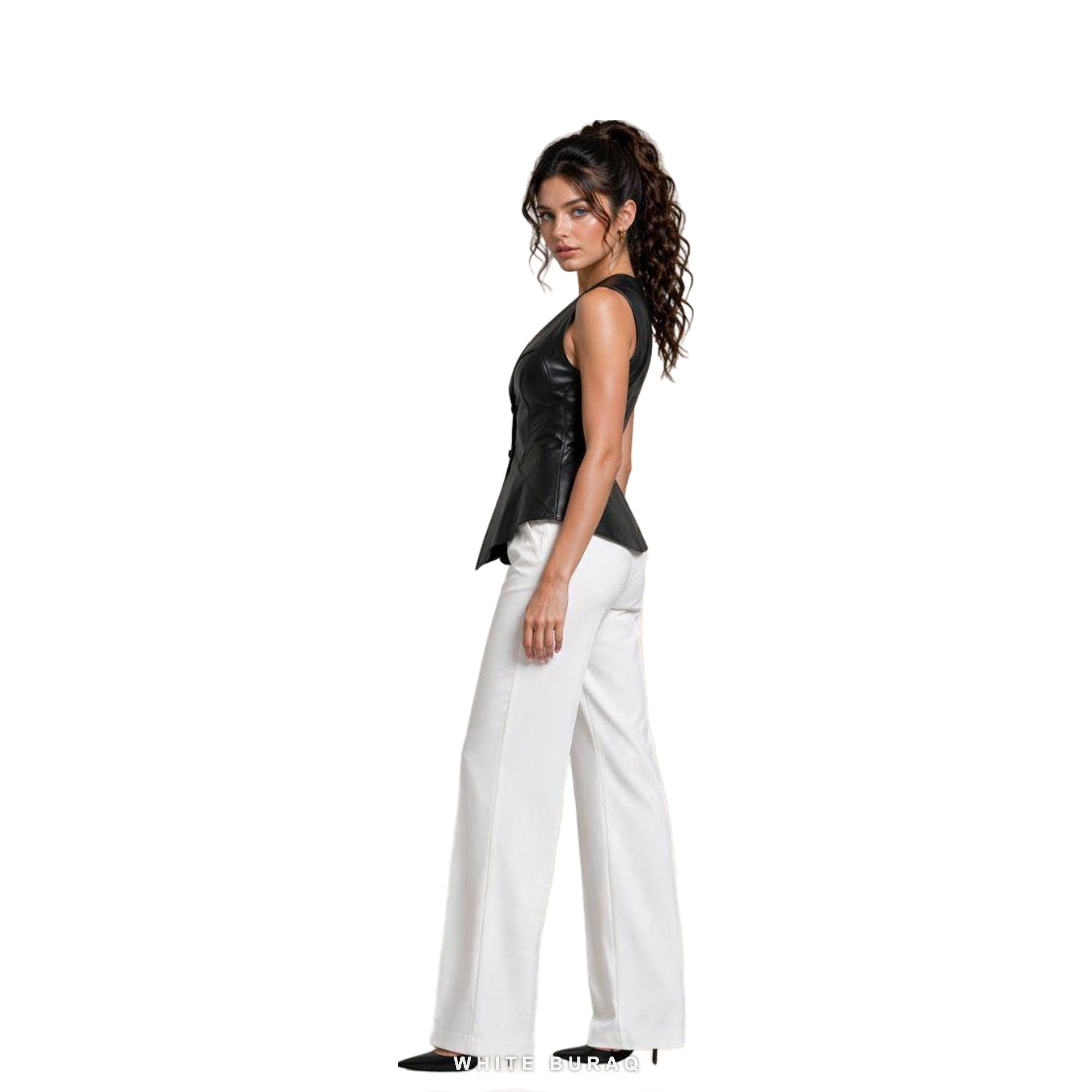 Women's Black Leather Deep V Peplum Vest – view 3