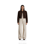 Women's Brown Suede Cropped Zip Shirt-Collar Jacket