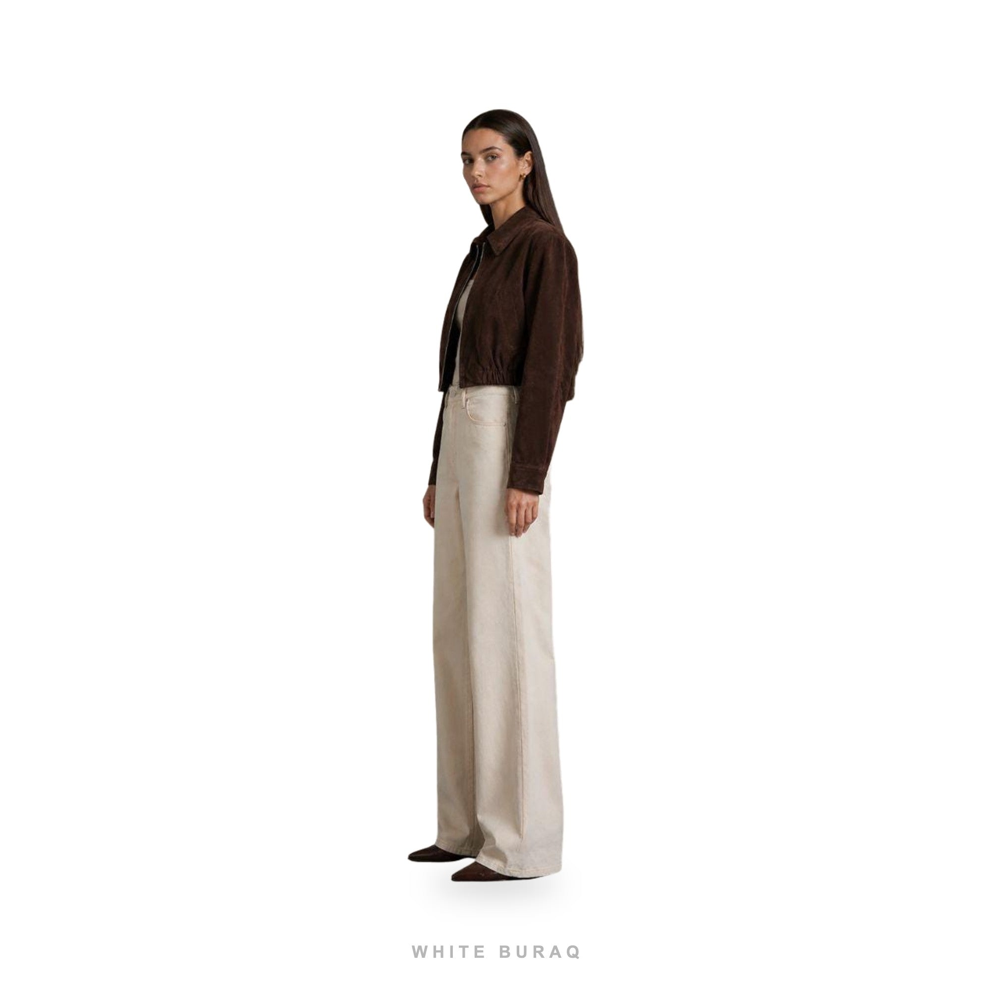 Women's Brown Suede Cropped Zip Shirt-Collar Jacket – view 3