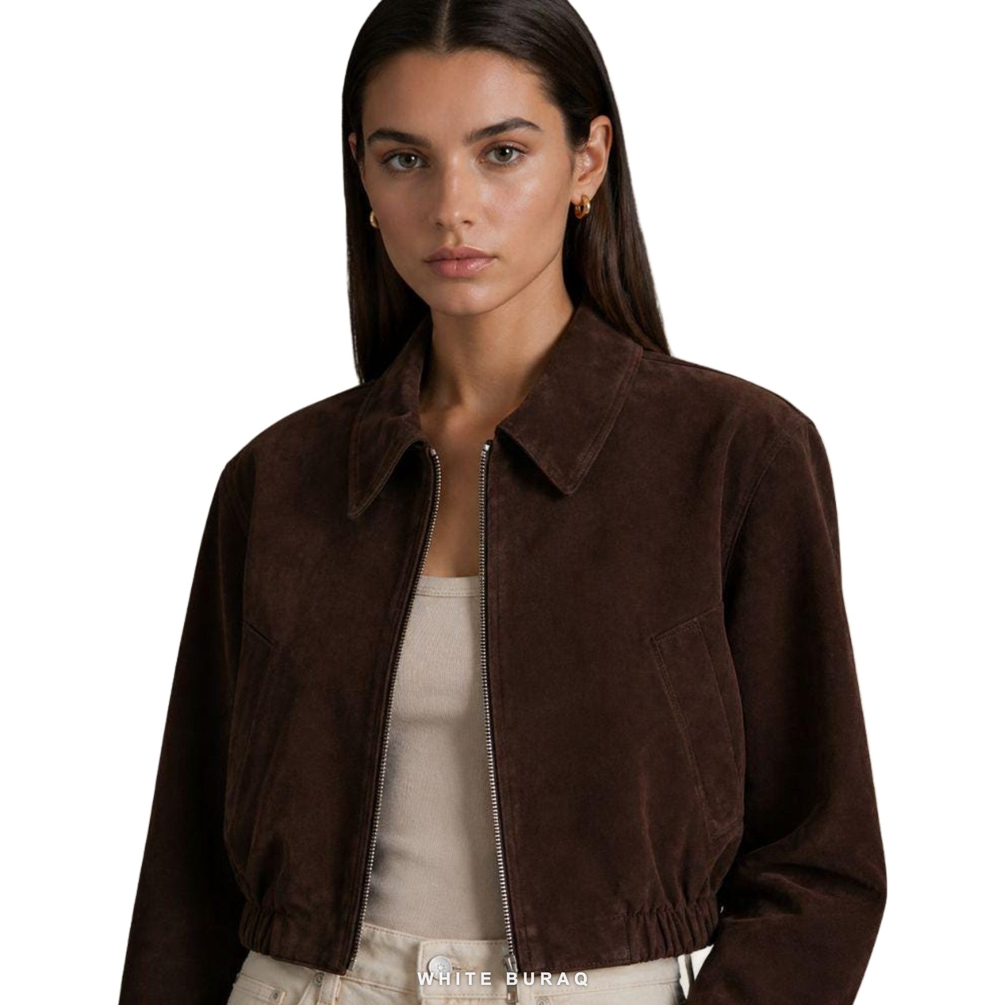 Women's Brown Suede Cropped Zip Shirt-Collar Jacket – view 4