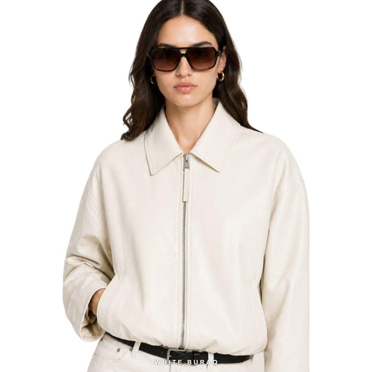 Women's White Leather Minimal Zip Jacket