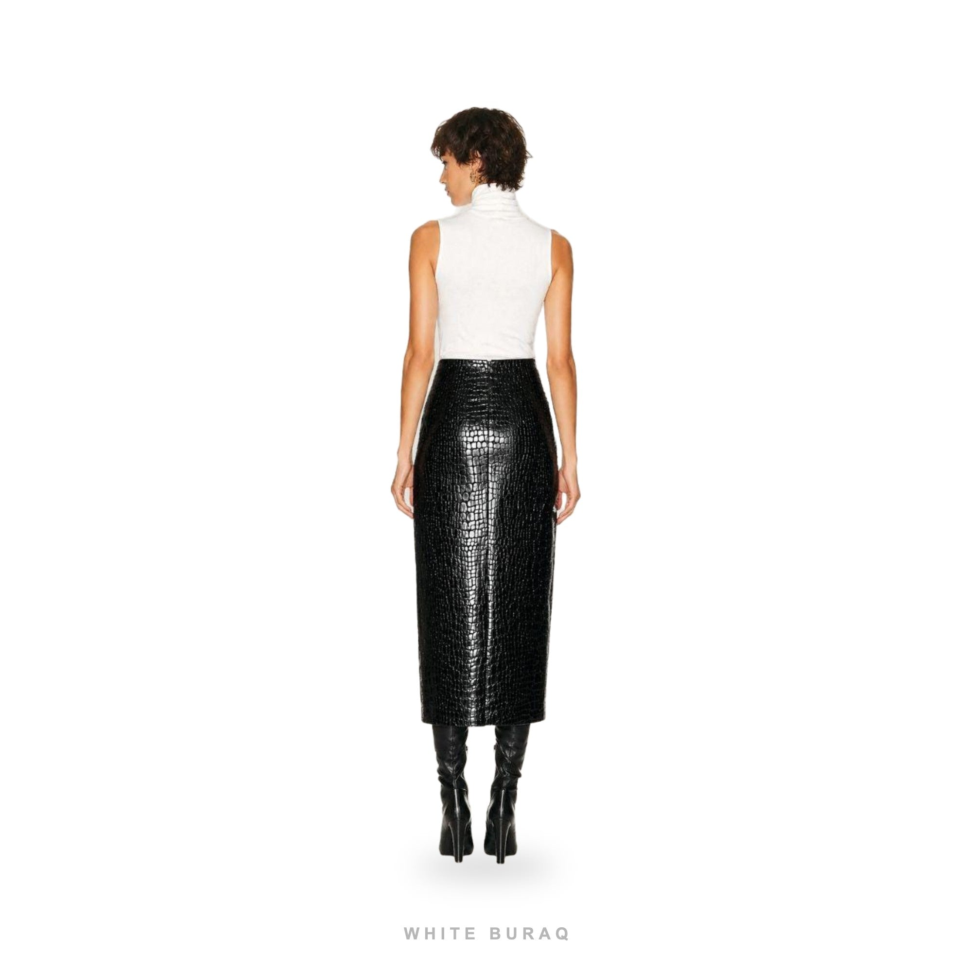 Women's Black Croc-Embossed Leather Midi Pencil Skirt – view 3