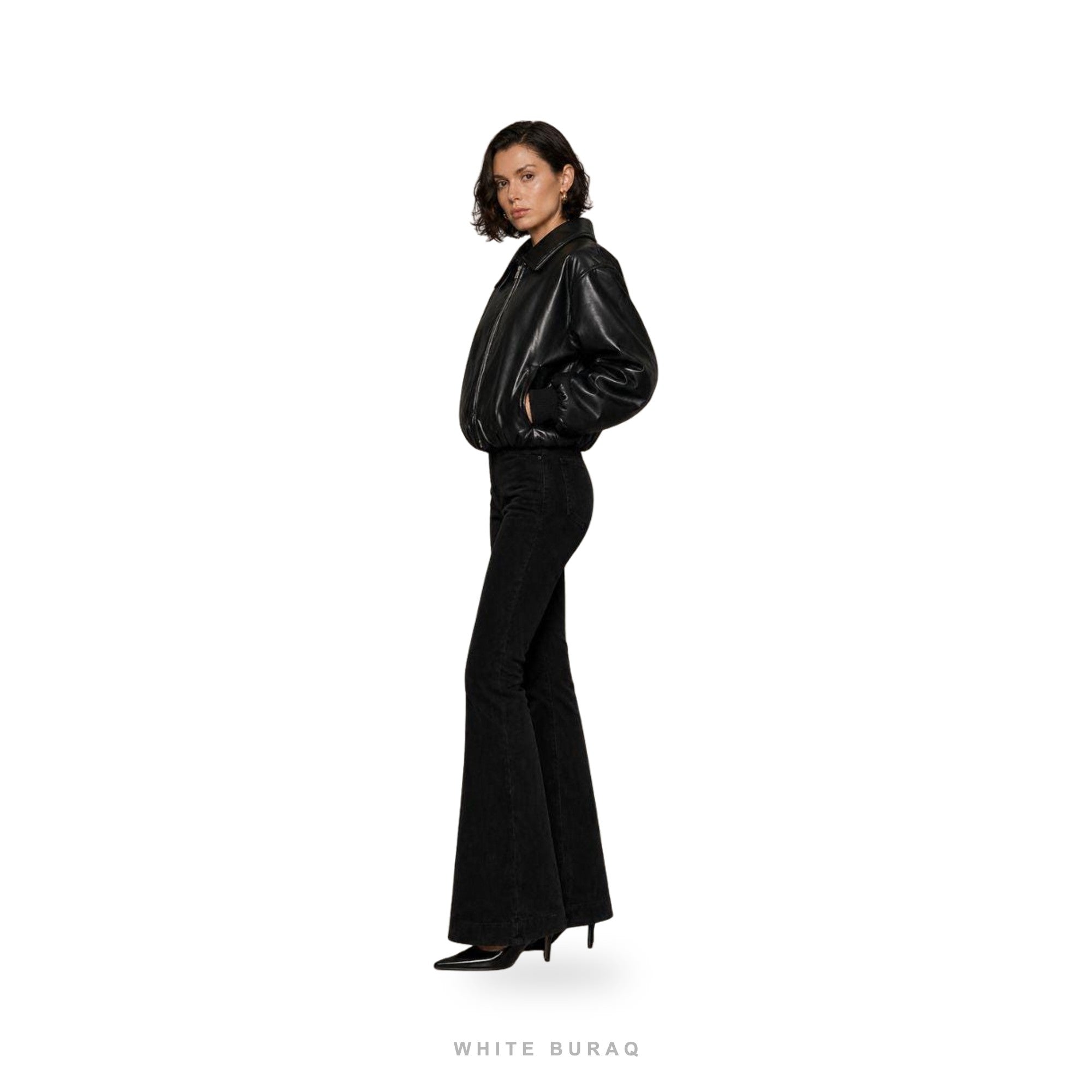 Women's Black Leather Oversized Zip Bomber – view 3
