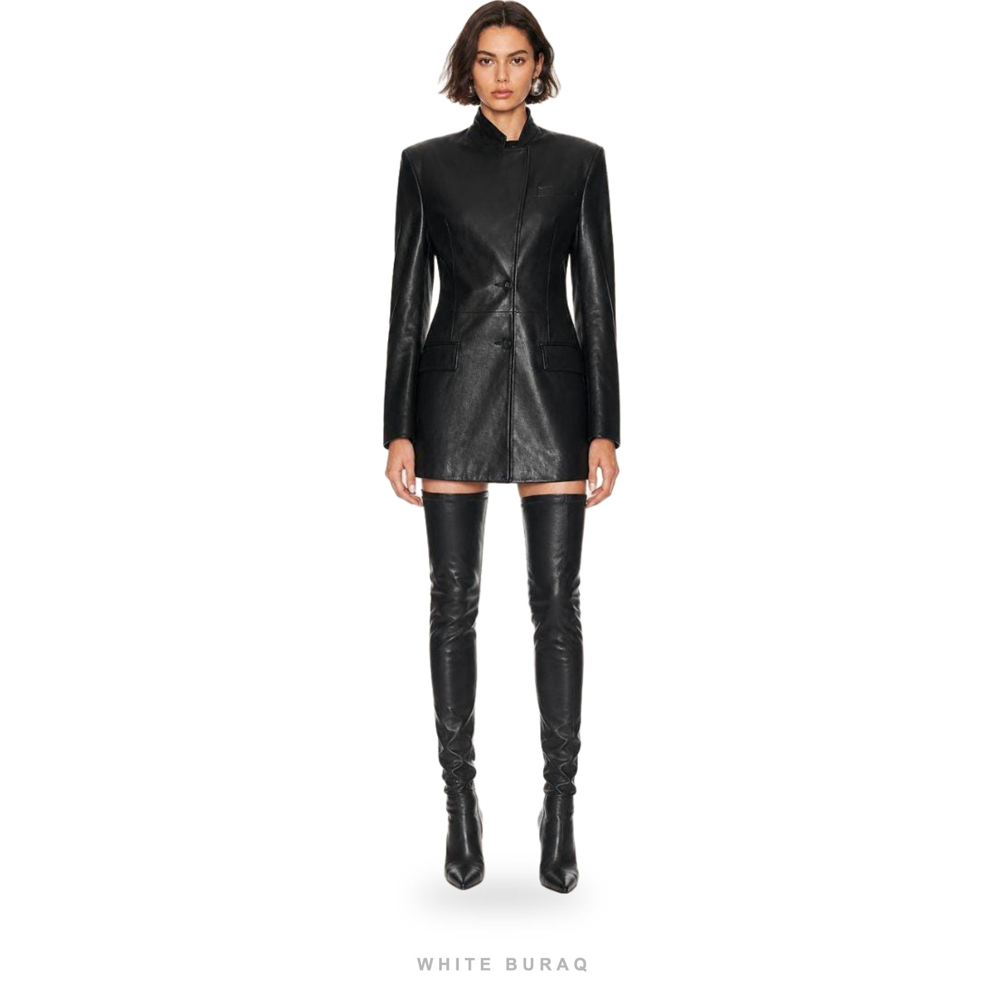 Women's Black Leather High-Neck Mini Coat