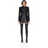 Women's Black Leather High-Neck Mini Coat