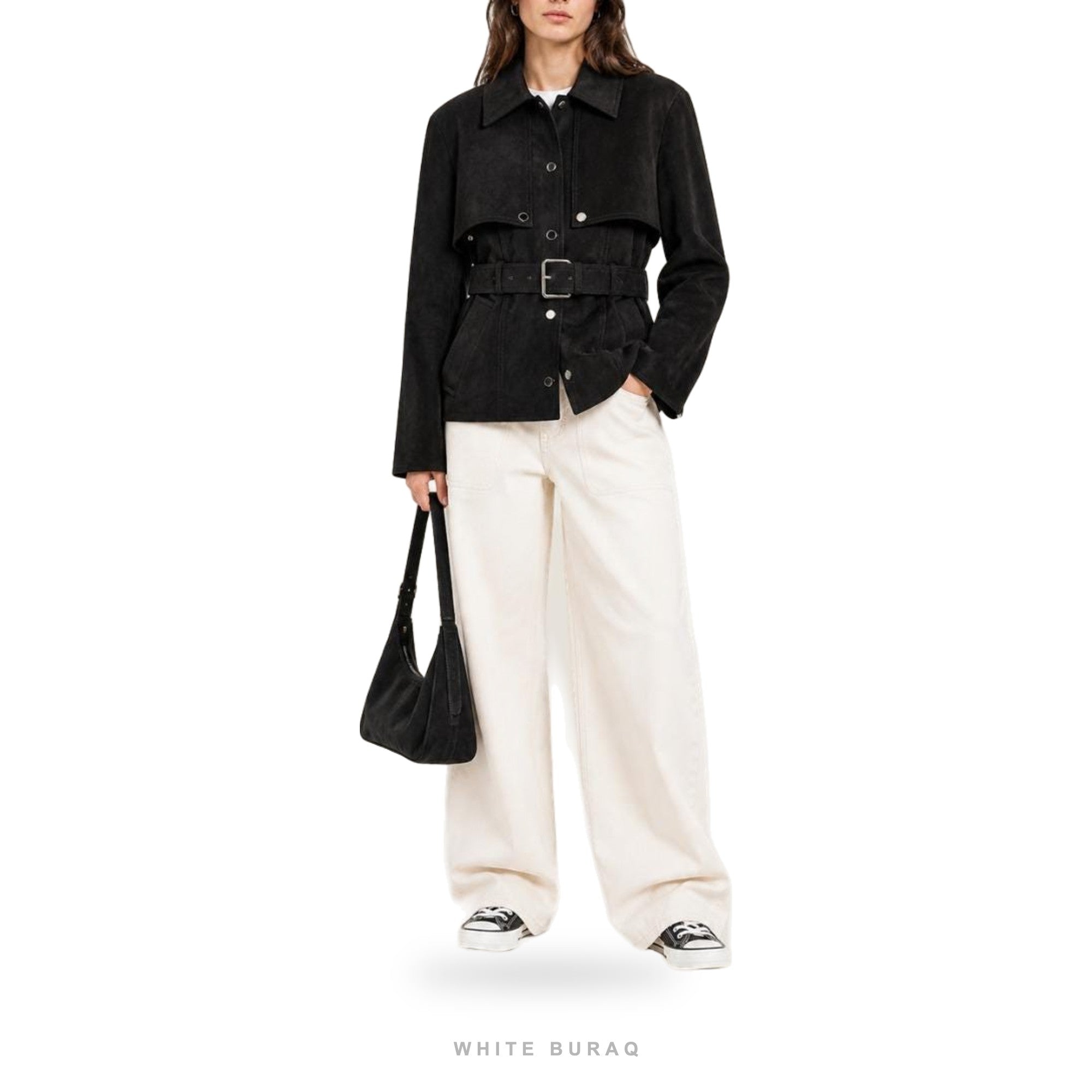 Women's Black Suede Belted Button-Front Jacket – view 3