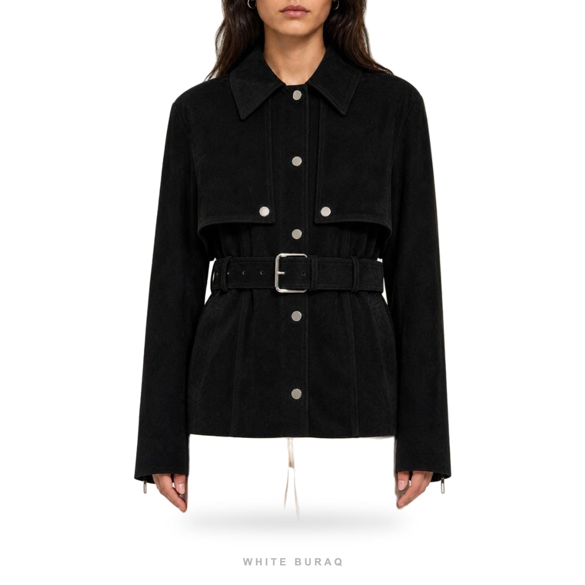 Women's Black Suede Belted Button-Front Jacket – view 4