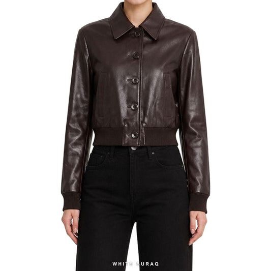 Women's Deep Brown Leather Cropped Button Jacket