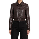 Women's Deep Brown Leather Cropped Button Jacket