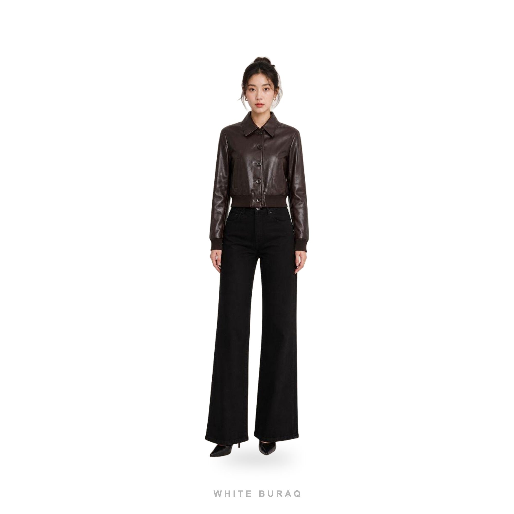 Women's Deep Brown Leather Cropped Button Jacket – view 2