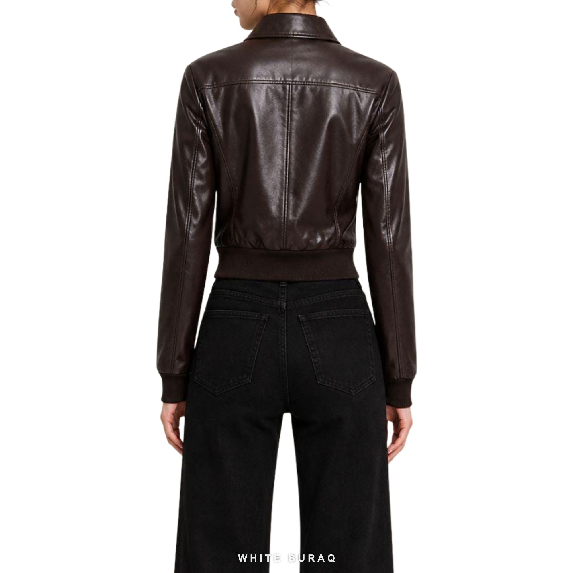 Women's Deep Brown Leather Cropped Button Jacket – view 3