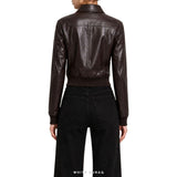 Women's Deep Brown Leather Cropped Button Jacket – view 3