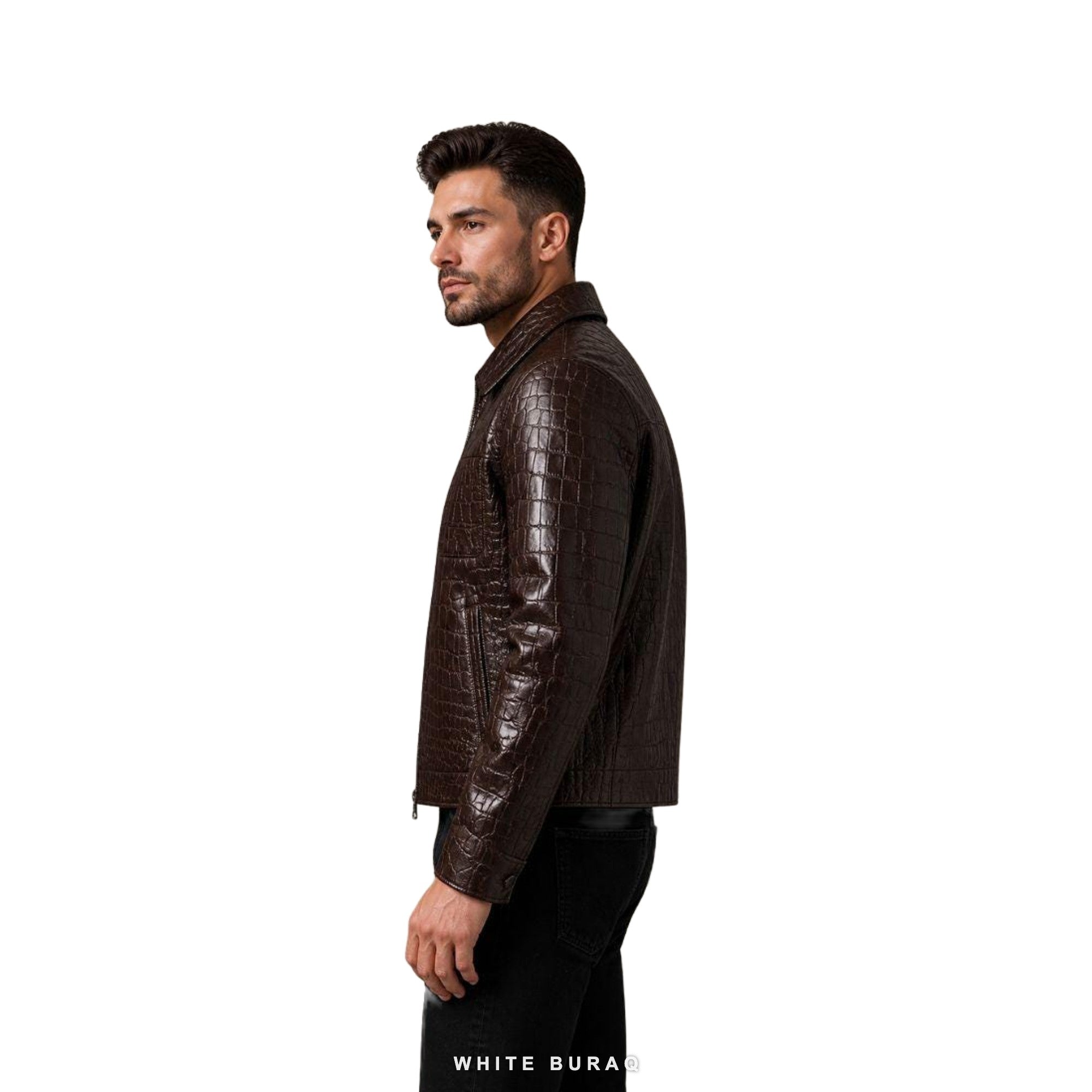 Men's Dark Brown Croc-Embossed Leather Zip Jacket – view 3
