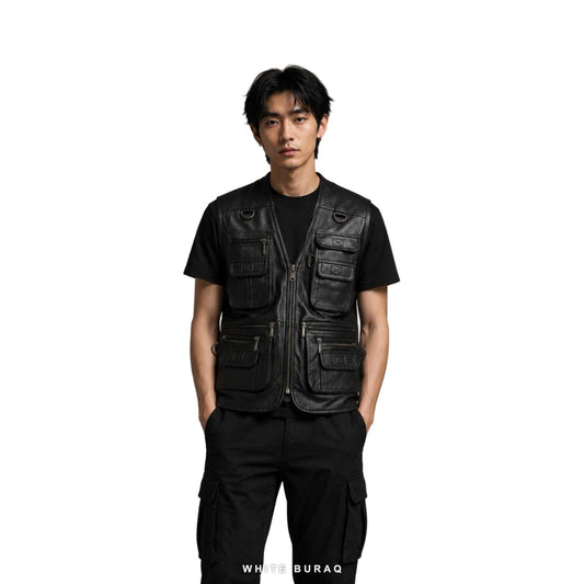 Men's Black Leather Tactical Utility Vest