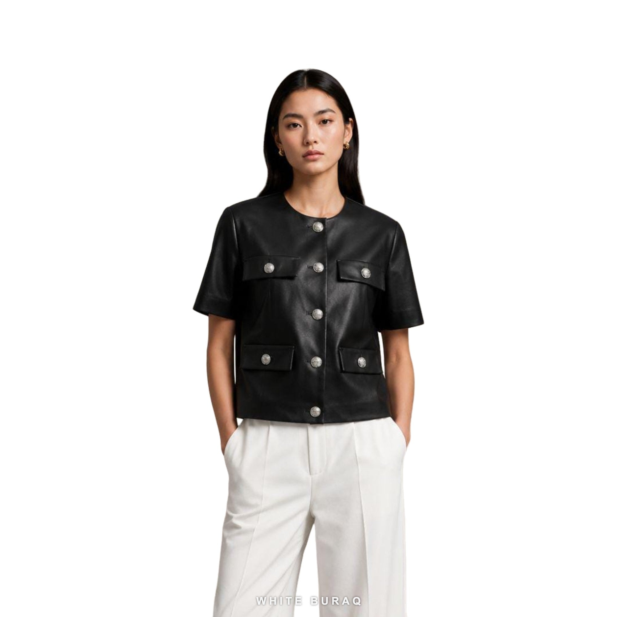 Women's Black Leather Short-Sleeve Blouse Jacket