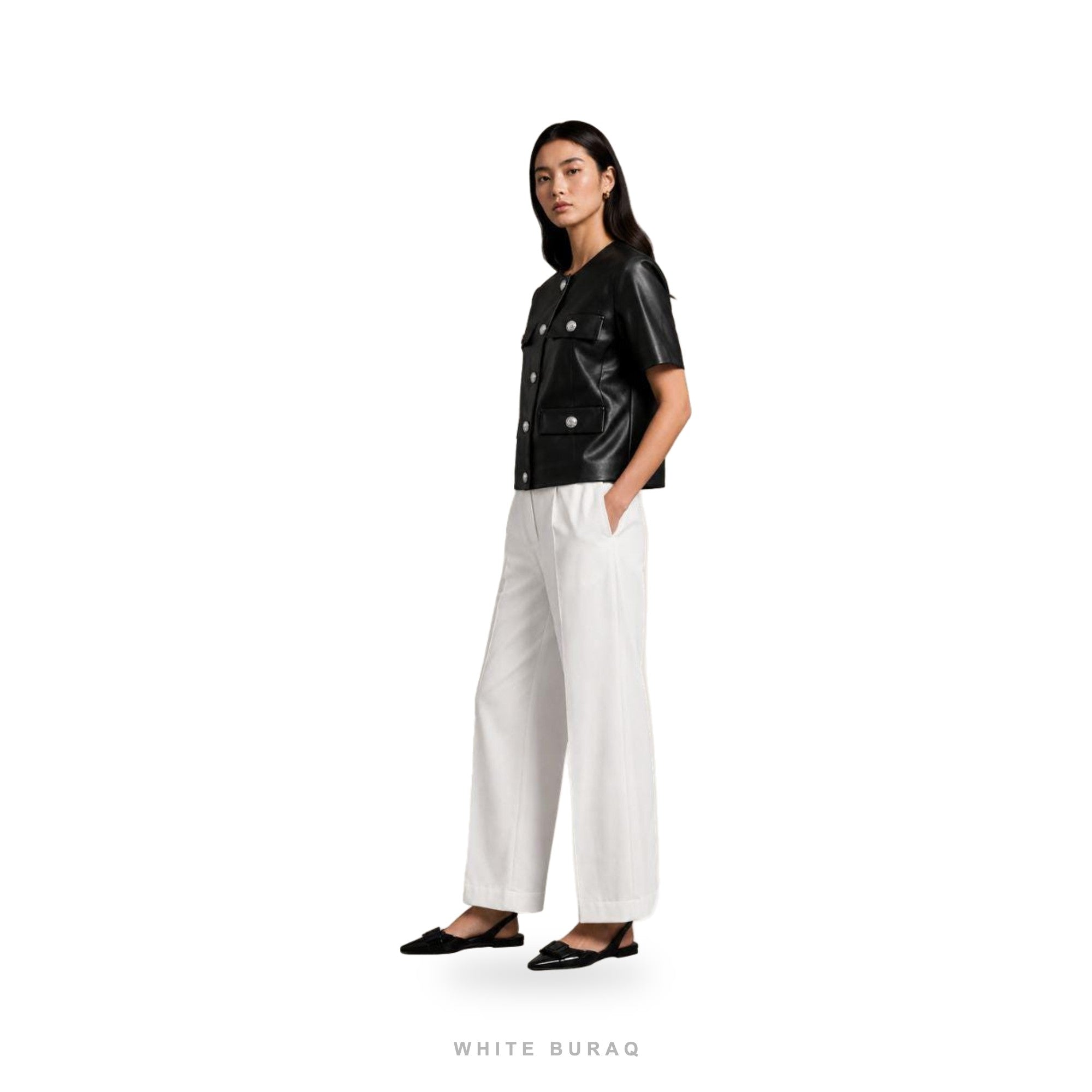 Women's Black Leather Short-Sleeve Blouse Jacket – view 3