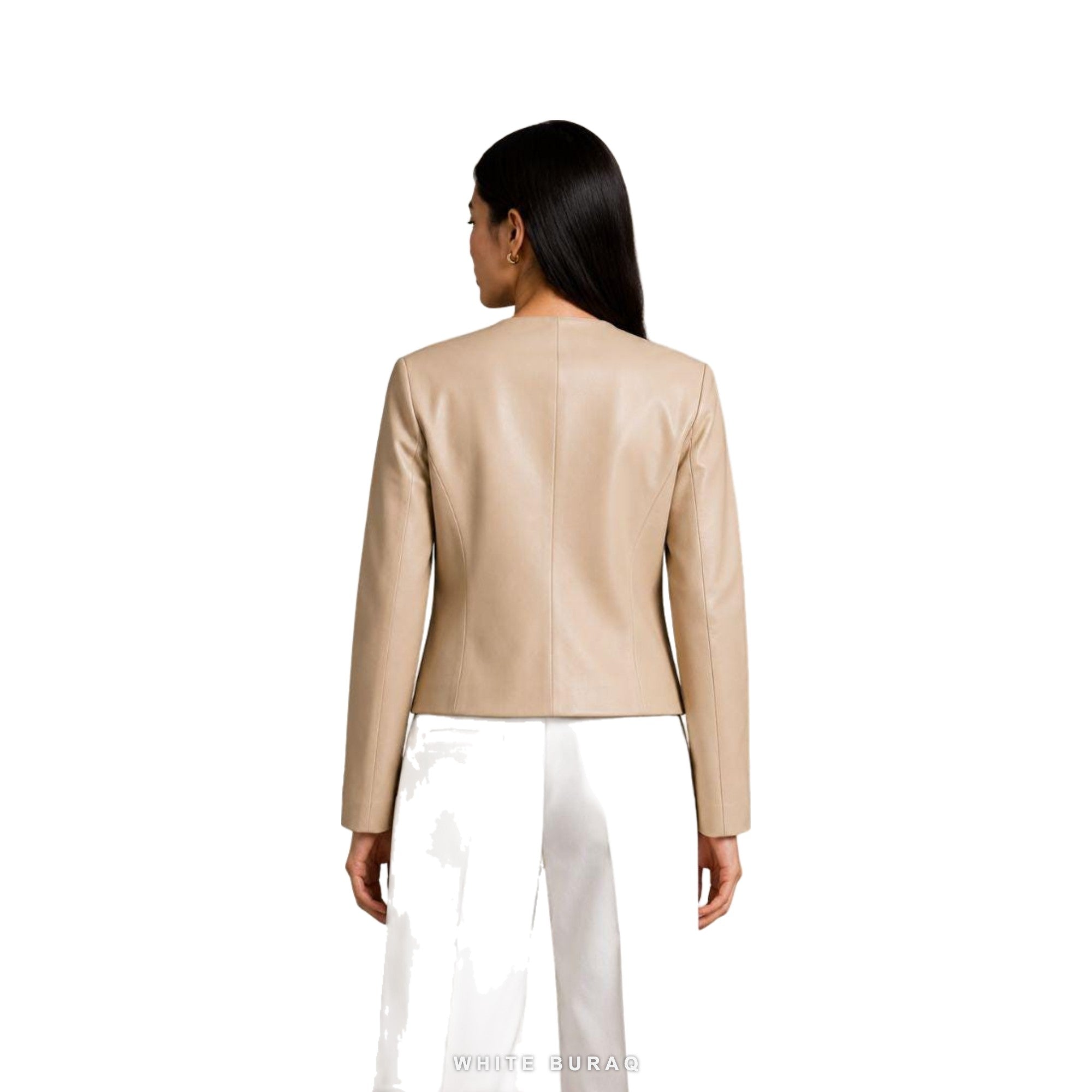 Women's Beige Leather Collarless Tailored Jacket – view 2