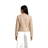 Women's Beige Leather Collarless Tailored Jacket – view 2