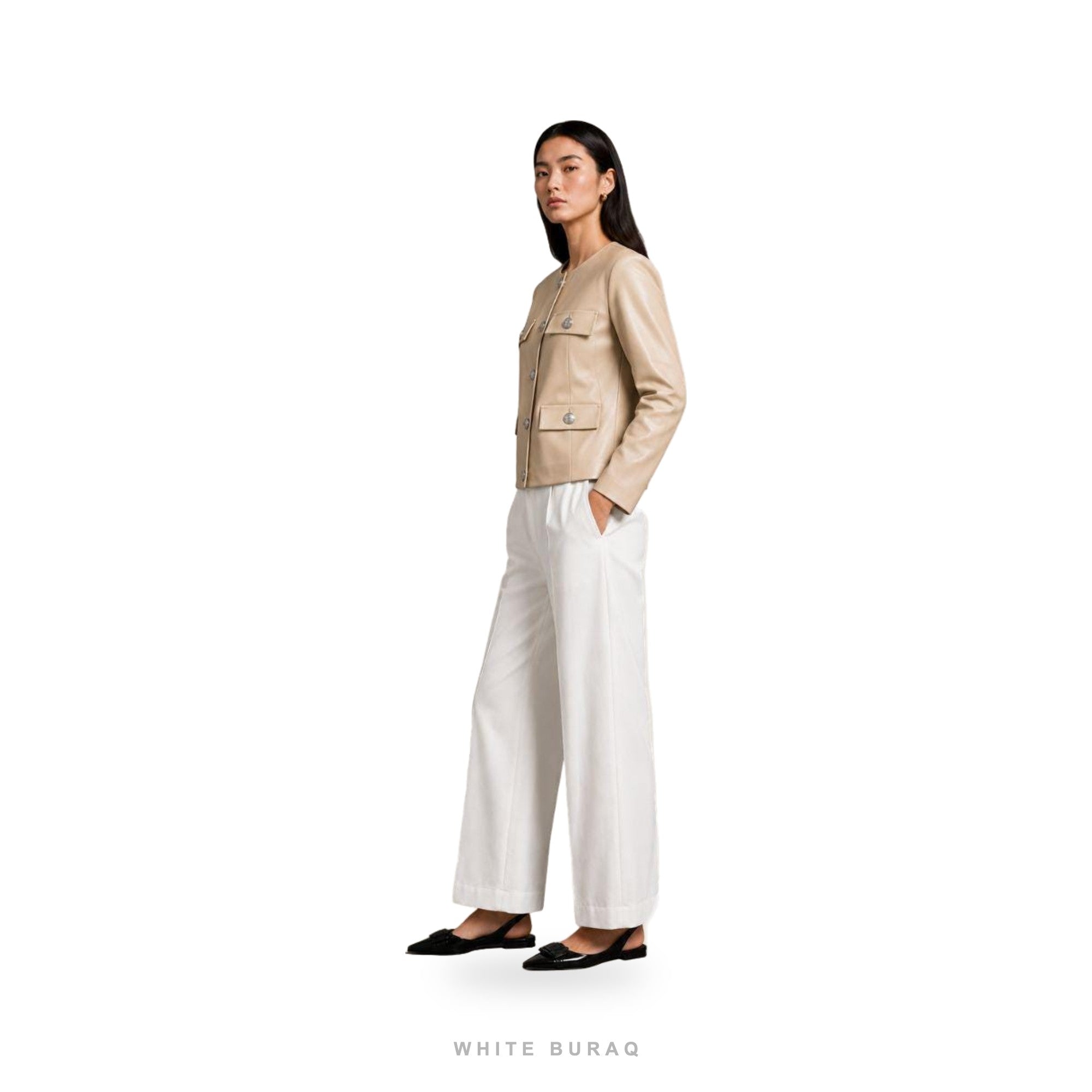 Women's Beige Leather Collarless Tailored Jacket – view 3
