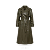 Women's Olive Green Leather Belted Maxi Trench Coat