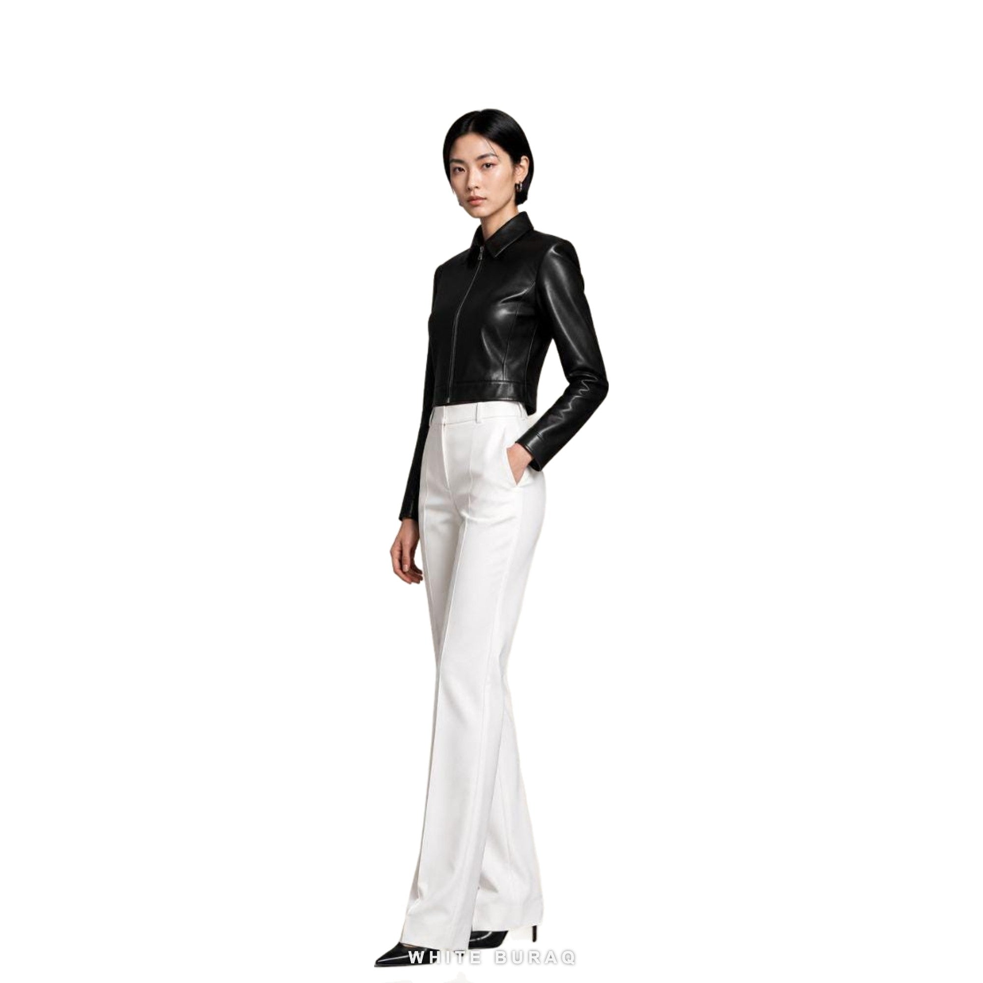 Women's Black Leather Cropped Slim Zip Jacket – view 3