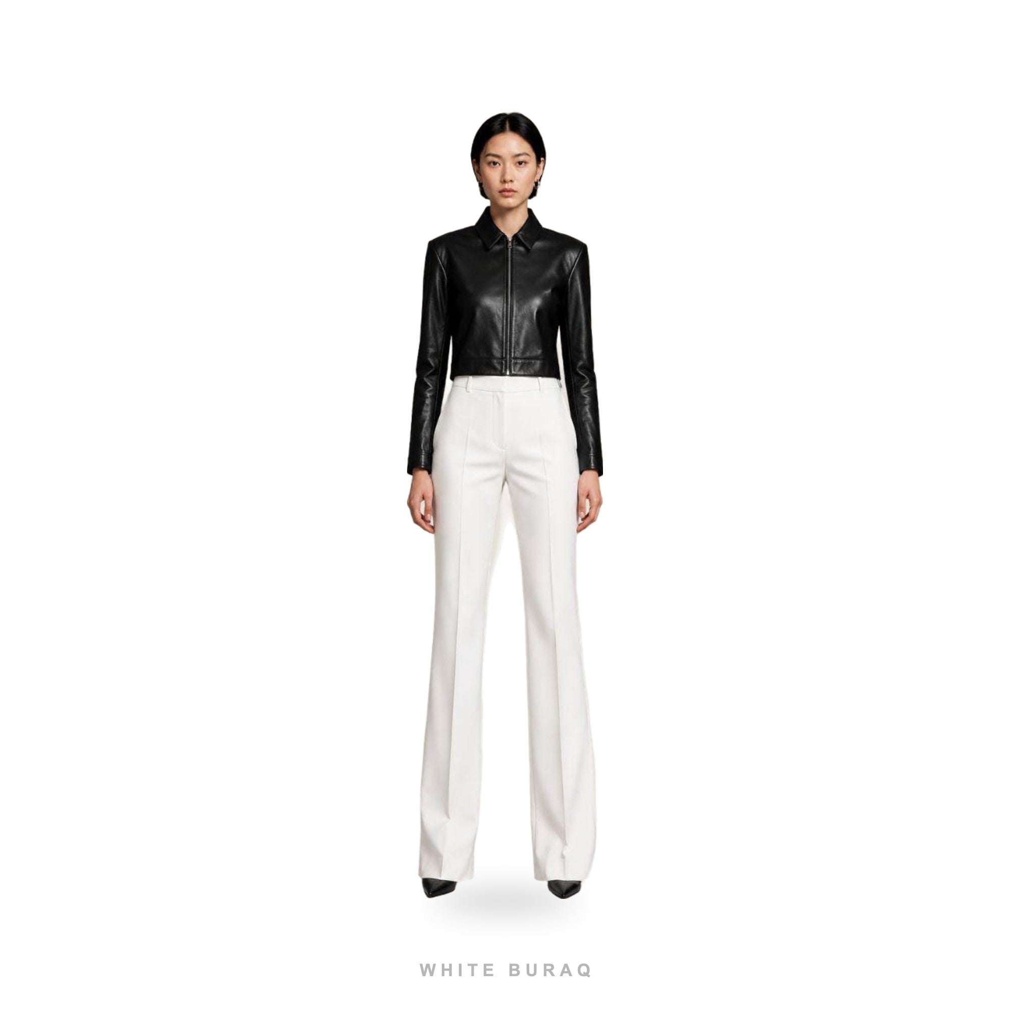 Women's Black Leather Cropped Slim Zip Jacket – view 4
