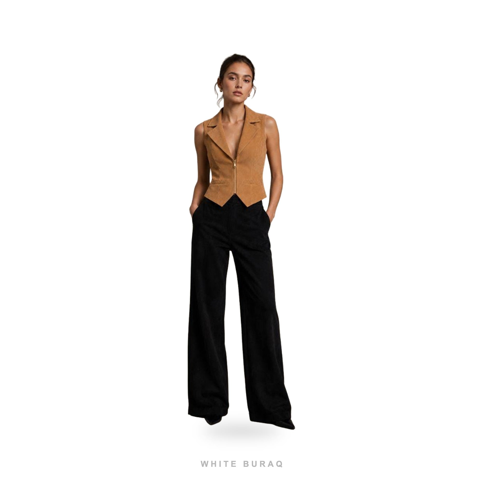 Women's Camel Suede Tailored Zip Waistcoat – view 4