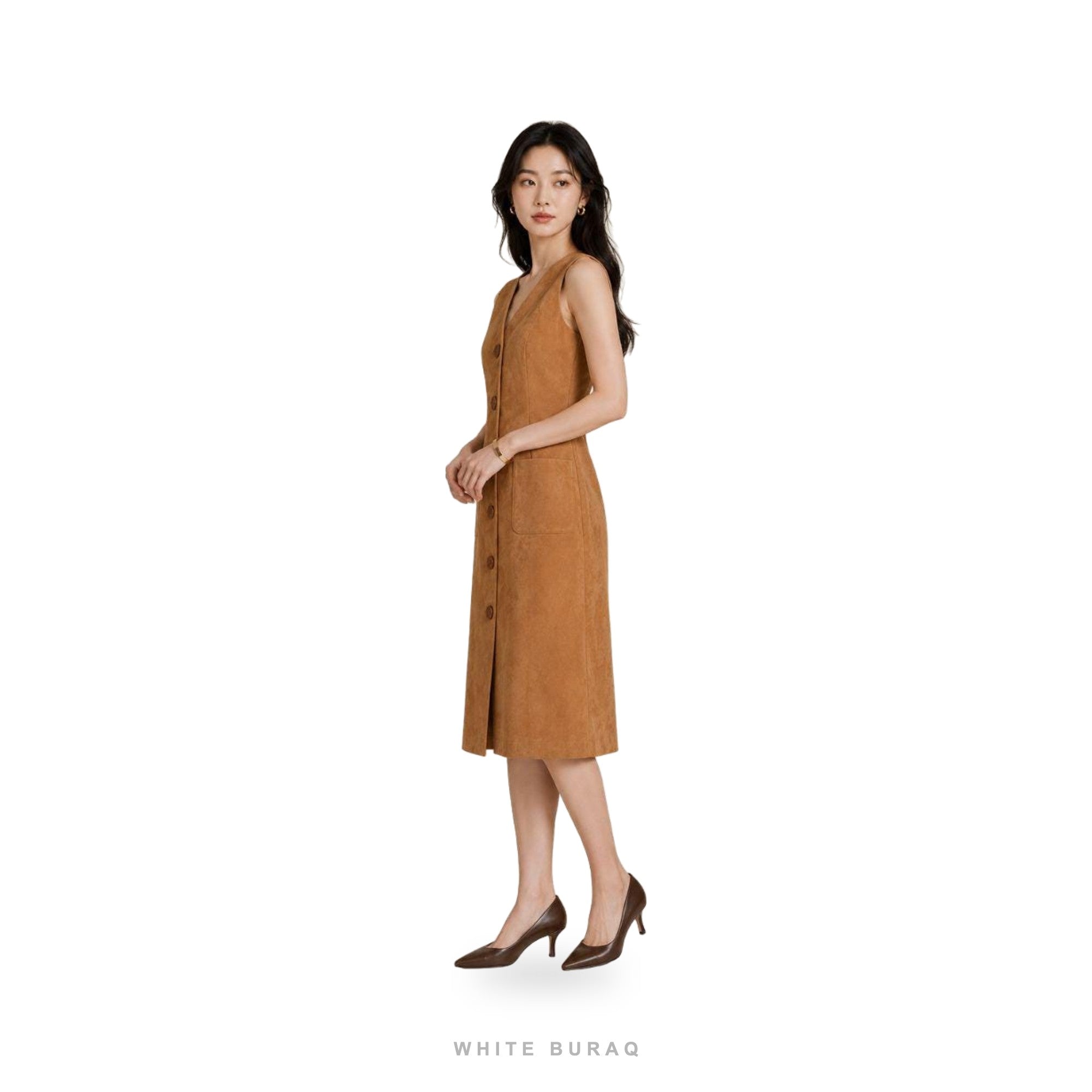 Women's Camel Suede Sleeveless Button Midi Dress – view 4