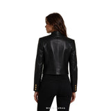 Women's Black Leather Cropped Military Jacket with Gold Buttons – view 2